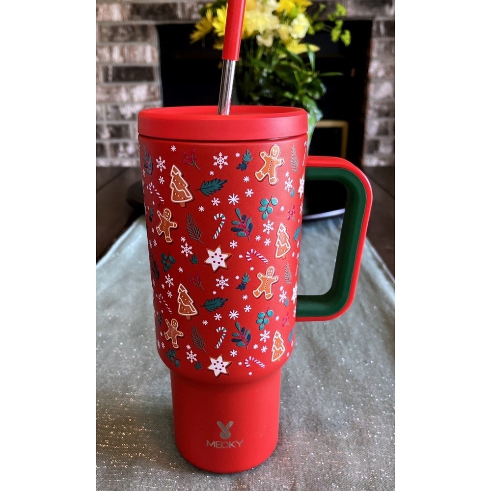 Meoky 40oz Christmas Insulated Tumbler w Handle Gingerbread Holiday Cup